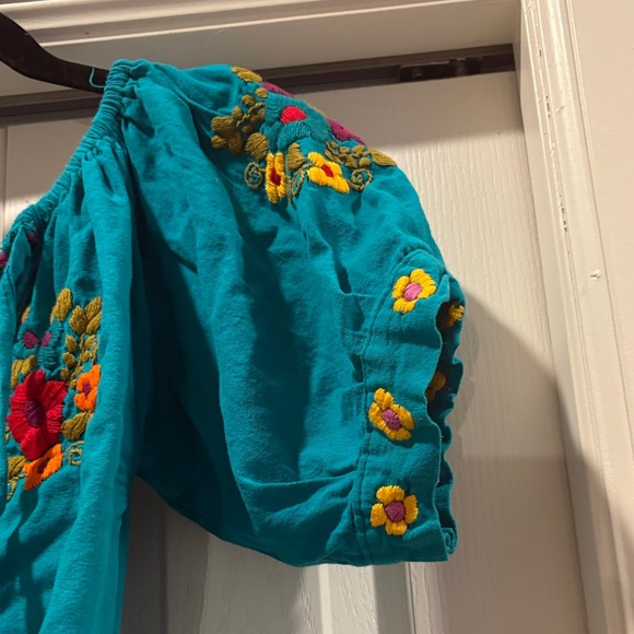 Embroidered Teal Peasant Top - Picture 3 of 3